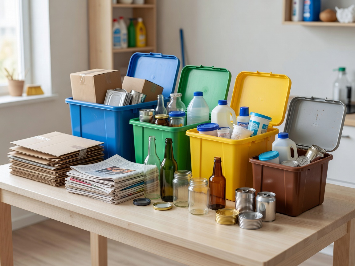 Clean household packaging and everyday materials arranged for sorting