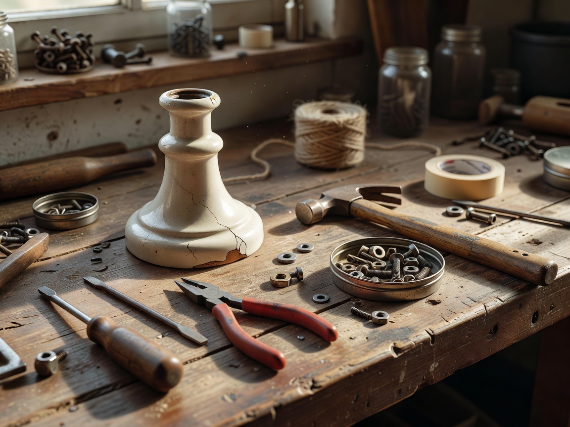 A household object beside basic tools, ready for repair
