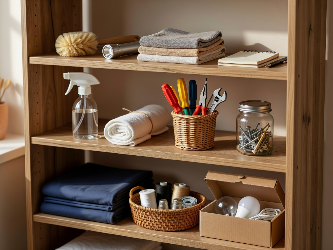 A household shelf arranged for a thoughtful room-by-room check